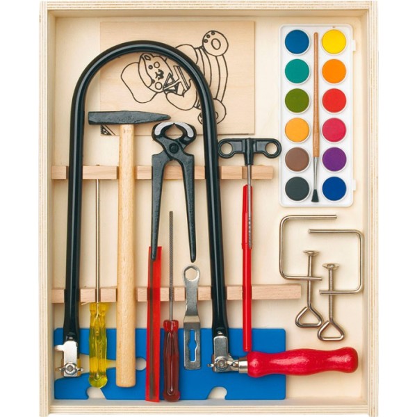 Caja de madera con kit de marquetería y pinturas, 16 piezas