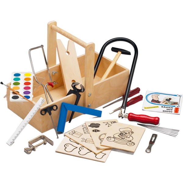 Caja de carpintería y marquetería infantil con mesa de trabajo